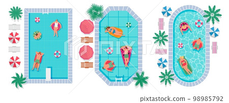 Summer swimming pools. People relax in hotel outdoor pool with top view swim ring, sunbeds and umbrellas vector illustration set 98985792