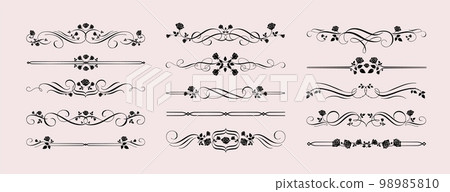 Gothic rose dividers. Gothcore borders with vintage calligraphic flourish and rose flowers decorative vector set Gothic rose dividers. Gothcore borders with vintage calligraphic flourish and rose flowers decorative vector set 98985810