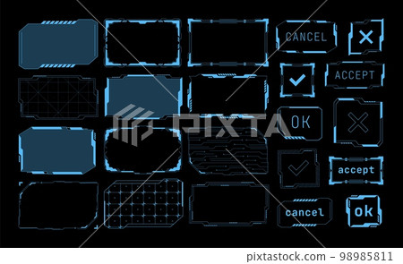 Futuristic frames. Cyberpunk electronic background and futuristic UI buttons. Sci Fi technology interface vector set Futuristic frames. Cyberpunk electronic background and futuristic UI buttons. Sci Fi technology interface vector set 98985811