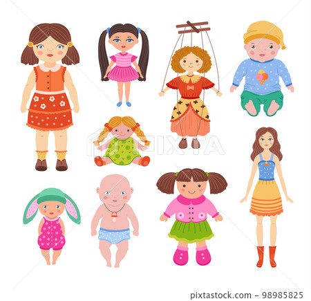 Cartoon dolls. Beautiful girl toy in dress, child baby and cute puppet doll isolated vector illustration set Cartoon dolls. Beautiful girl toy in dress, child baby and cute puppet doll isolated vector illustration set 98985825