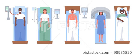 Patient in hospital bed top view. Lung ventilation, cardiogram, dropper, MRI and sick person vector illustration set Patient in hospital bed top view. Lung ventilation, cardiogram, dropper, MRI and sick person vector illustration set 98985830