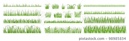 Cartoon grass leaves. Tuft of green meadow grass, lawn herb silhouette dividers and natural spring garden vegetation vector set Cartoon grass leaves. Tuft of green meadow grass, lawn herb silhouette dividers and natural spring garden vegetation vector set 98985834