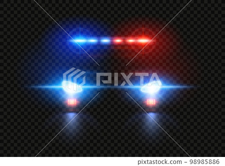 Police car headlights. Emergency flashing light, pursuit light siren and patrol cop vehicle glow vector overlay 98985886