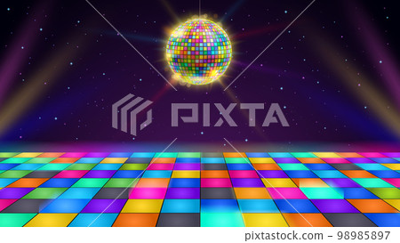Disco dance floor. Retro party scene with LED squares grid glowing floor, disco ball and starry night sky vector background illustration 98985897