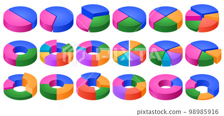 Isometric colorful pie charts. Data visualization, percentage share stats and volume segments circle chart 3D vector illustration set 98985916