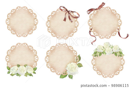Watercolor illustration. A set of beige lace doily with compositions of white roses and red bows. Place for inscription or text. Round templates. Isolated on a white background. For design 98986115
