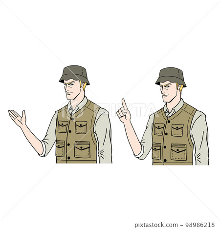 Caucasian camper explaining American comic touch Caucasian camper explaining American comic touch 98986218