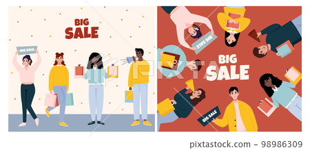 Ad backgrounds for shopping event promotion. Sale and discount concept. Sale banners designs. People announcing price off 98986309