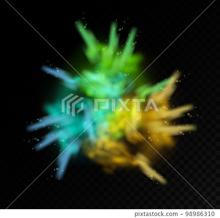 Holi paint powder color explosion realistic. Splash of paint dust with particles. Vector realistic set of burst effect of colorful powder clouds 98986310