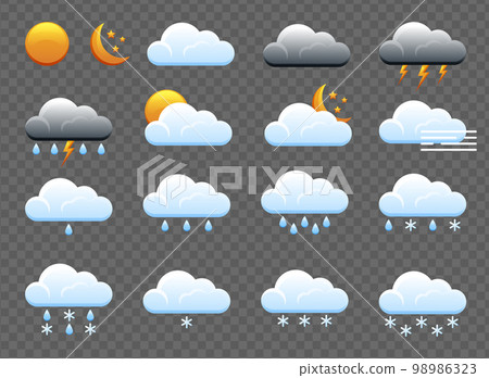 Weather icons. Realistic weather icons set isolated on transparent background. Forecast weather flat symbols. 98986323