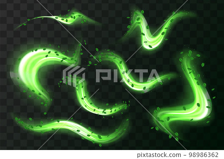 Abstract wind swirls with green leaves and sparkles isolated. Vector realistic set of magic air vortex, light twirls with particles. Design element of fresh and clean Abstract wind swirls with green leaves and sparkles isolated. Vector realistic set of magic air vortex, light twirls with particles. Design element of fresh and clean 98986362