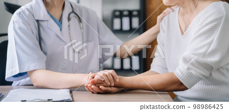 Female doctors shake hands with patients encouraging each other  To offer love, concern, and encouragement while checking the patient's health. concept of medicine. 98986425