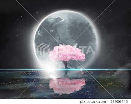 單色水面上漂浮著銀光閃閃的滿月和盛開的櫻花的奇幻背景風景圖 98986443