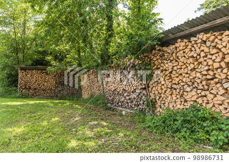Wood pile, stacked and cut firewood, stored in an open shed 98986731