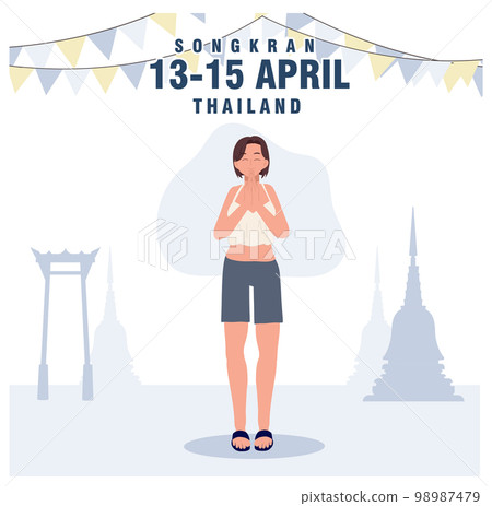 Thailand water Festival concept.(Songkran), woman doing greeting 'sawasdee'.Flat vector illustration 98987479