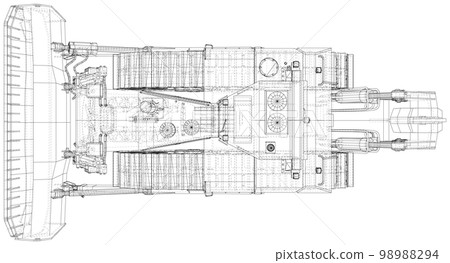 Bulldozer in outline style. Wire-frame line isolated. Vector rendering of 3d 98988294