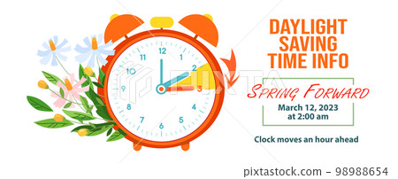 Daylight Saving Time Begins concept banner. Spring Forward Time. Change clocks ahead Daylight Saving Time Begins concept banner. Spring Forward Time. Change clocks ahead 98988654