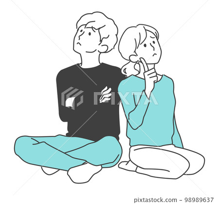 苦惱背靠背坐著抬頭看的青年男女 苦惱背靠背坐著抬頭看的青年男女 98989637