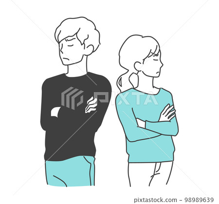 一對年輕男女，一對不願意互相道歉的夫婦，雙臂望向別處 98989639