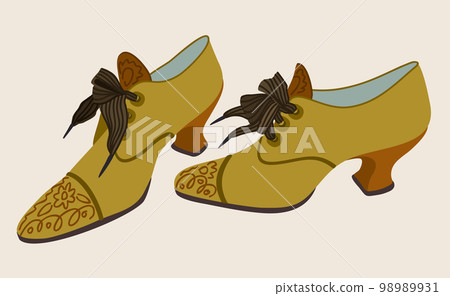 Retro shoes with decoration. Vintage shoes with small elegant heels and lacing. Vector isolated illustration. 98989931