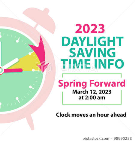 Spring Daylight Saving Time 2023. Banner reminder with changing