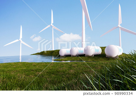 Hydrogen power on small hill and nearly river scen 98990334