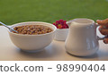 Bowl of cornflakes and raspberry 98990404
