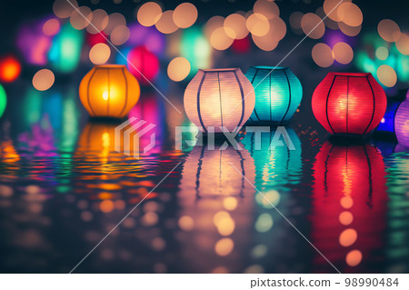 Paper lanterns float on dark water. Traditional Floating Lantern Festival, Memorial Day. Generative AI illustration 98990484