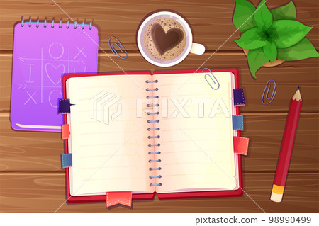 Workplace with stationary, cup of coffee with heart, notebook, paper notes top view on wooden desk, table in cartoon style. 98990499