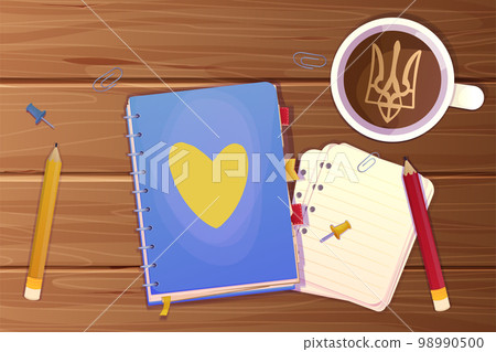 Ukrainian workplace with stationary, cup with coffee, notebook, paper notes top view on wooden desk, table in cartoon style. 98990500