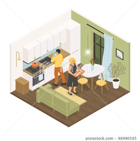 Cooking breakfast in the kitchen - vector colorful isometric illustration 98990585
