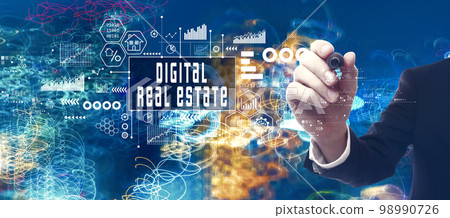 Digital Real Estate concept with businessman in a bokeh neon light trails city background 98990726