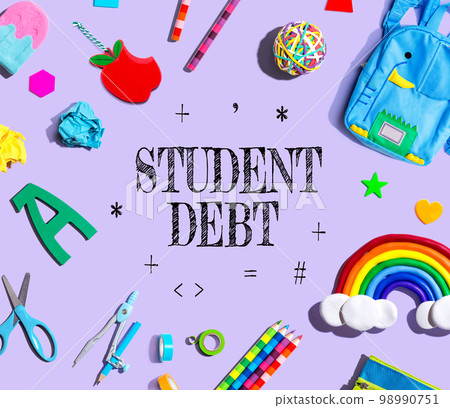 Student Debt theme with school supplies on a purple background Student Debt theme with school supplies on a purple background 98990751