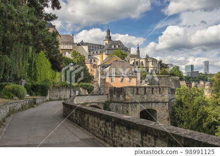 Grand Duchy of Luxembourg, city skyline at Grund along Alzette river in the historical old town of Luxembourg 98991125