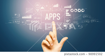 Apps theme with hand pressing a button 98991502