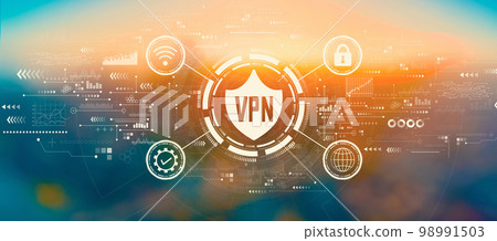 VPN concept with blurred city at sunset or sunrise 98991503