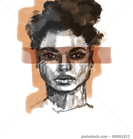 Serious woman sketch black and white drawing with line on eyes. The concept of struggle, strength and courage. A black woman defends her rights Serious woman sketch black and white drawing with line on eyes. The concept of struggle, strength and courage. A black woman defends her rights 98991851