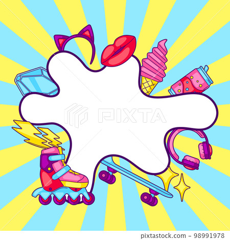 Background with fashion girlish items. Colorful teenage illustration. Creative girls symbols in cartoon style. 98991978