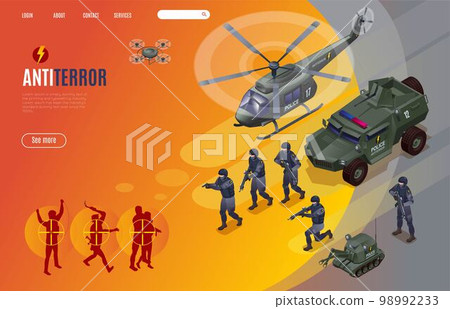 AntiTerror Special Police Forces Landing Page, modern concept poster, isometric icons on isolated background 98992233