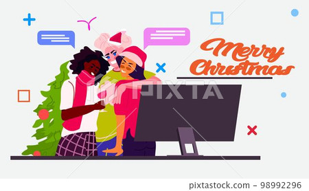 mix race women drinking wine and chatting online during video conference happy new year merry christmas holidays 98992296