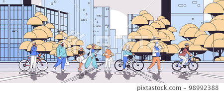 cyclists and pedestrians walking street people crossing road modern city street cityscape backgroundmgeneration z 98992388