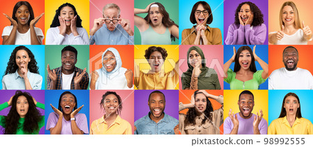 Multiethnic people showing diverse positive and negative emotions over colorful backgrounds Multiethnic people showing diverse positive and negative emotions over colorful backgrounds 98992555