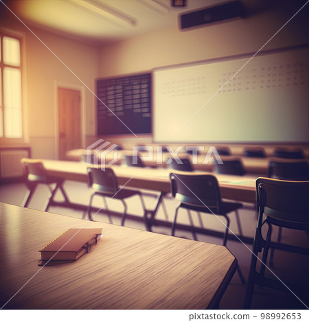 Empty defocused university classroom. Business conference room. Blurred school classroom without students with empty chairs and tables 98992653