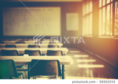 Empty defocused university classroom. Business conference room. Blurred school classroom without students with empty chairs and tables 98992658