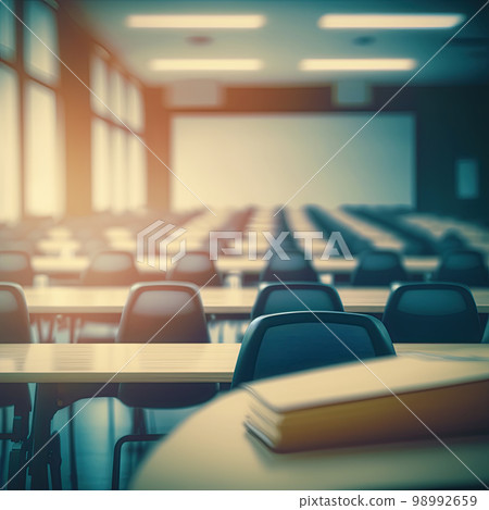 Empty defocused university classroom. Business conference room. Blurred school classroom without students with empty chairs and tables 98992659