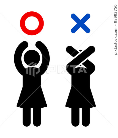 A woman in a pose representing a circle and a cross mark with both hands 98992750