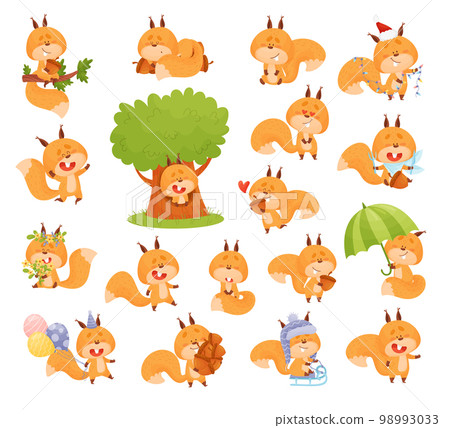 Cute Squirrel Character with Bushy Tail Engaged in Different Activity Big Vector Set 98993033