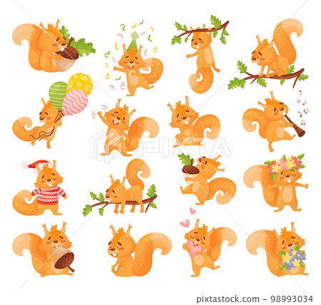 Cute squirrel character in different activities set. Funny adorable fores animals with red furry tail cartoon vector illustration Cute squirrel character in different activities set. Funny adorable fores animals with red furry tail cartoon vector illustration 98993034