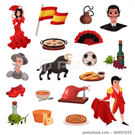 Flamenco dancer, bull, paella, bottle of wine, olive oil, castanets, jamon cartoon vector illustration Flamenco dancer, bull, paella, bottle of wine, olive oil, castanets, jamon cartoon vector illustration 98993055