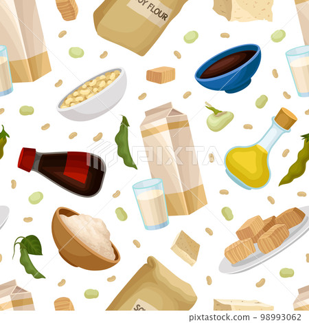 Soy products seamless pattern. Vegan protein meal for healthy diet repeating print for wallpaper, wrapping paper, textile, package design cartoon vector Soy products seamless pattern. Vegan protein meal for healthy diet repeating print for wallpaper, wrapping paper, textile, package design cartoon vector 98993062